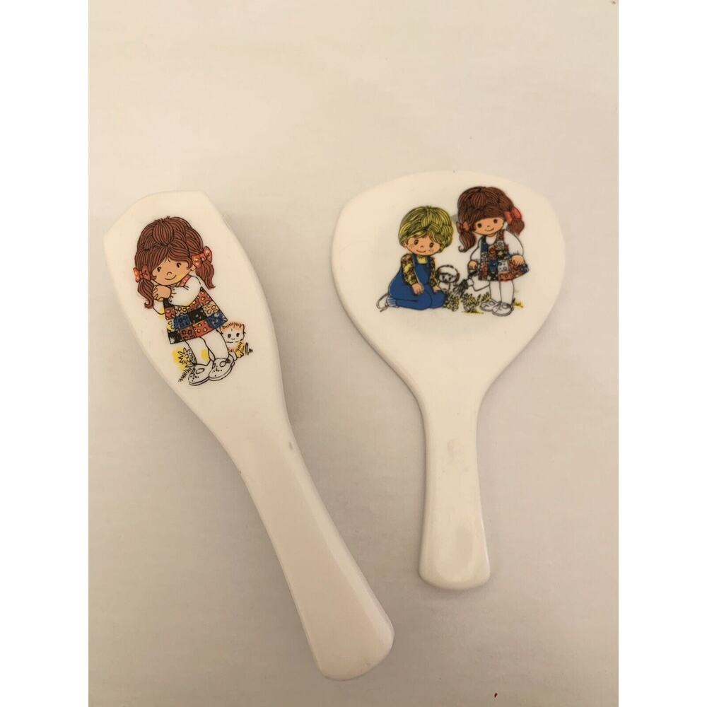 Vintage White Plastic Hand Mirror and Brush Set Cottage